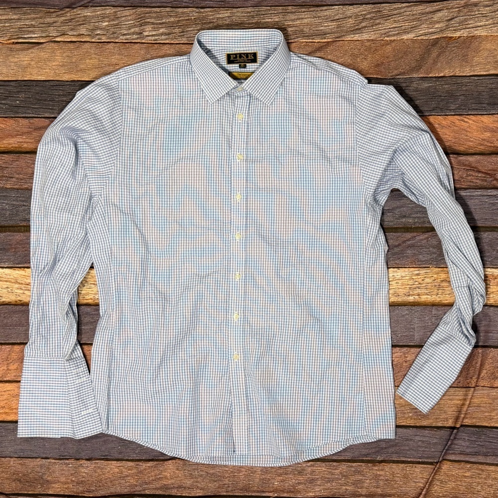 Thomas Pink Slim Fit Check Men's French Cuff Dress Shirt Preppy